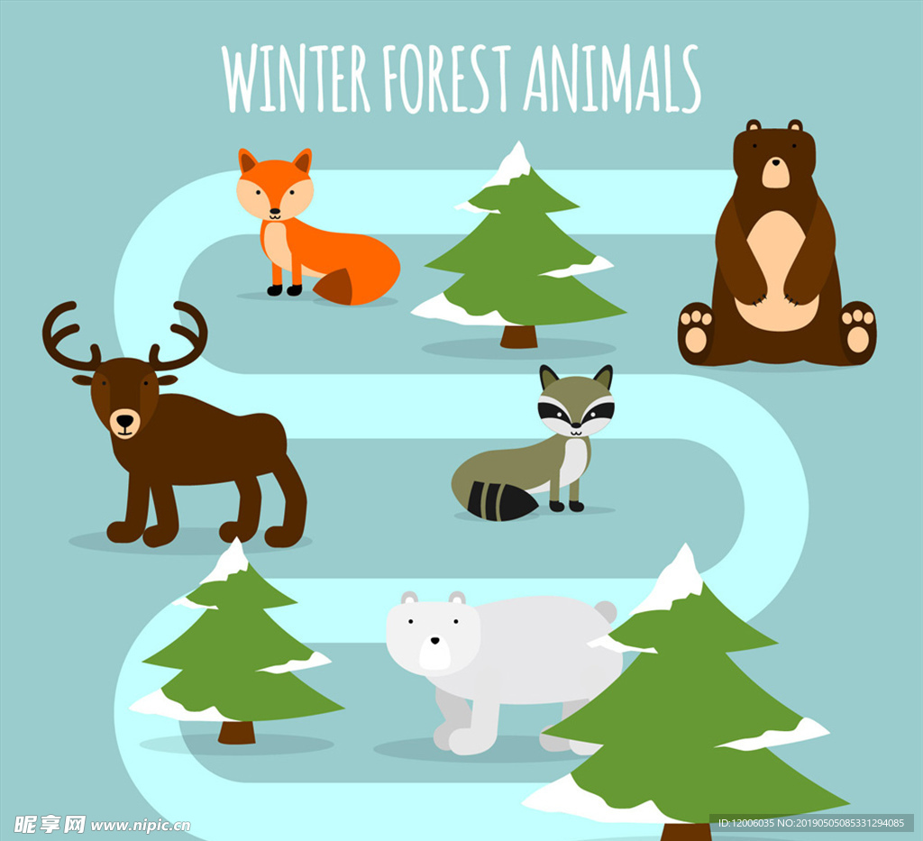 创意弯曲道路和5个森林动物