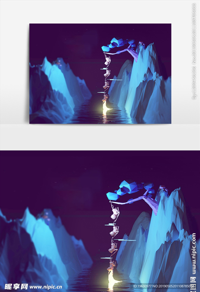 C4D卡通夜晚lowpoly