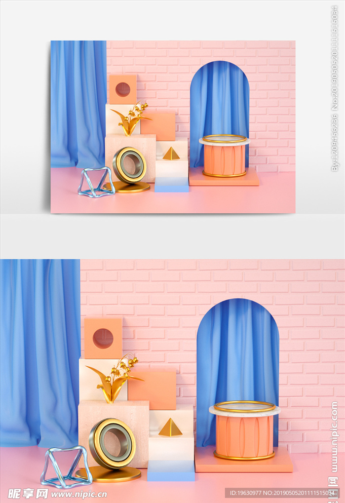 C4D蓝粉色几何模型场景