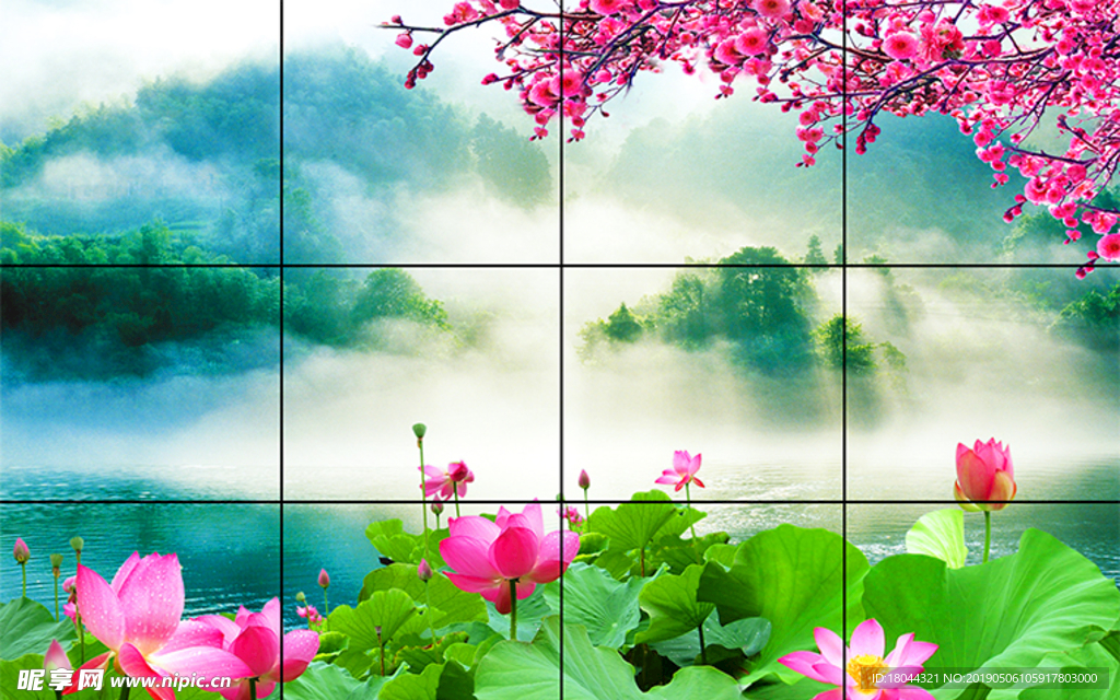 山水画梅花电视背景墙