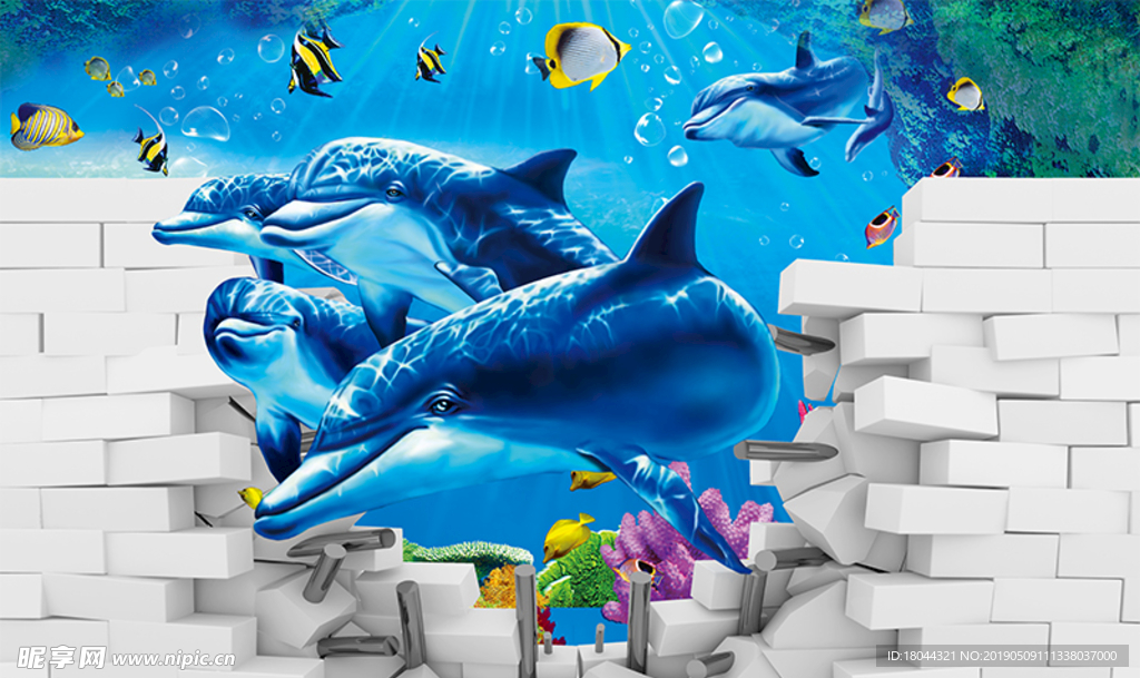 海洋馆海豚3D立体电视背景墙