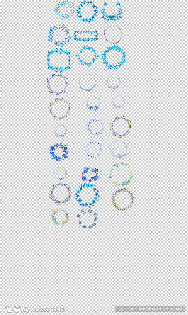 花环蓝色手绘唯美花环透明PNG
