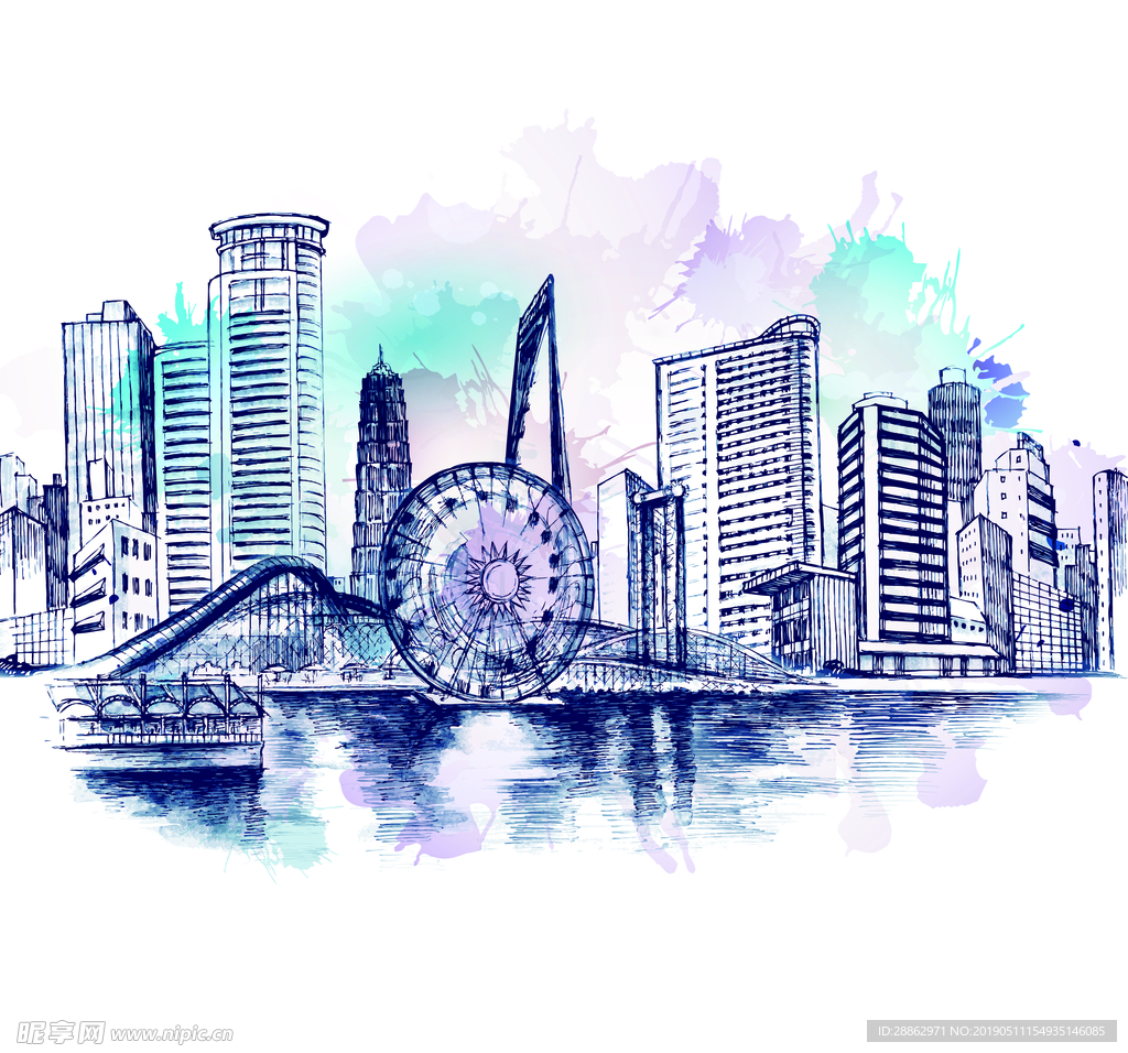 线描城市背景墙