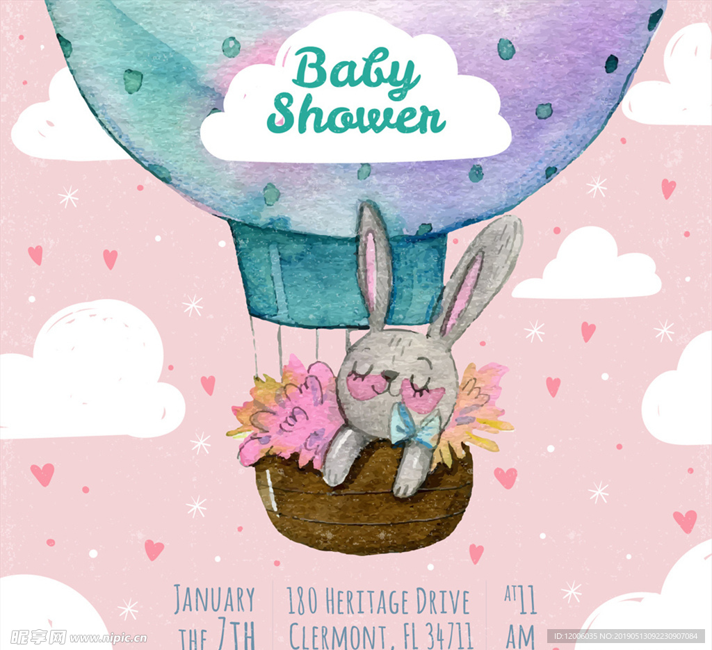 可爱热气球兔子迎婴派对海报