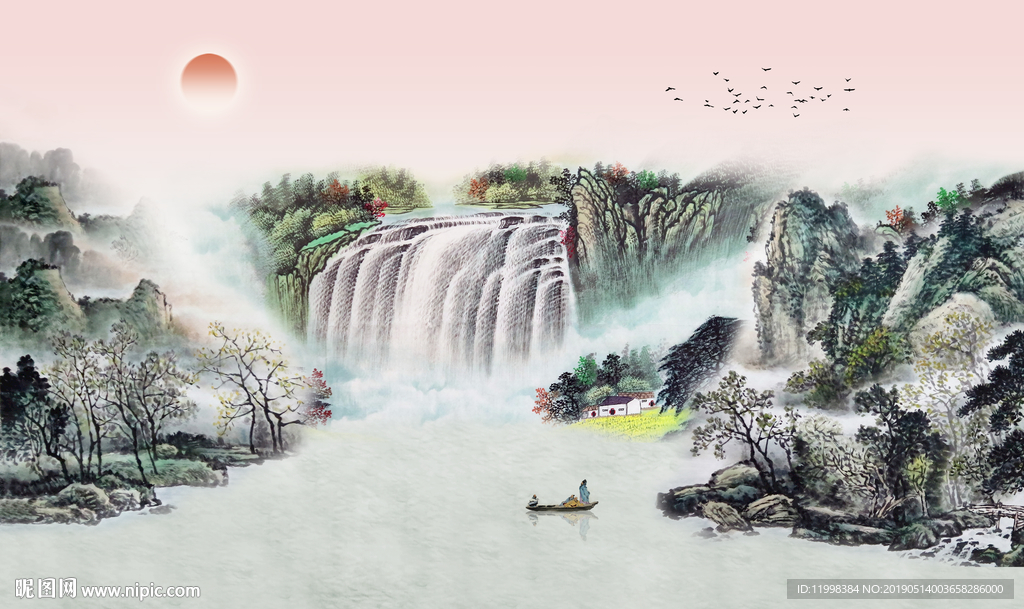 瀑布水墨山水