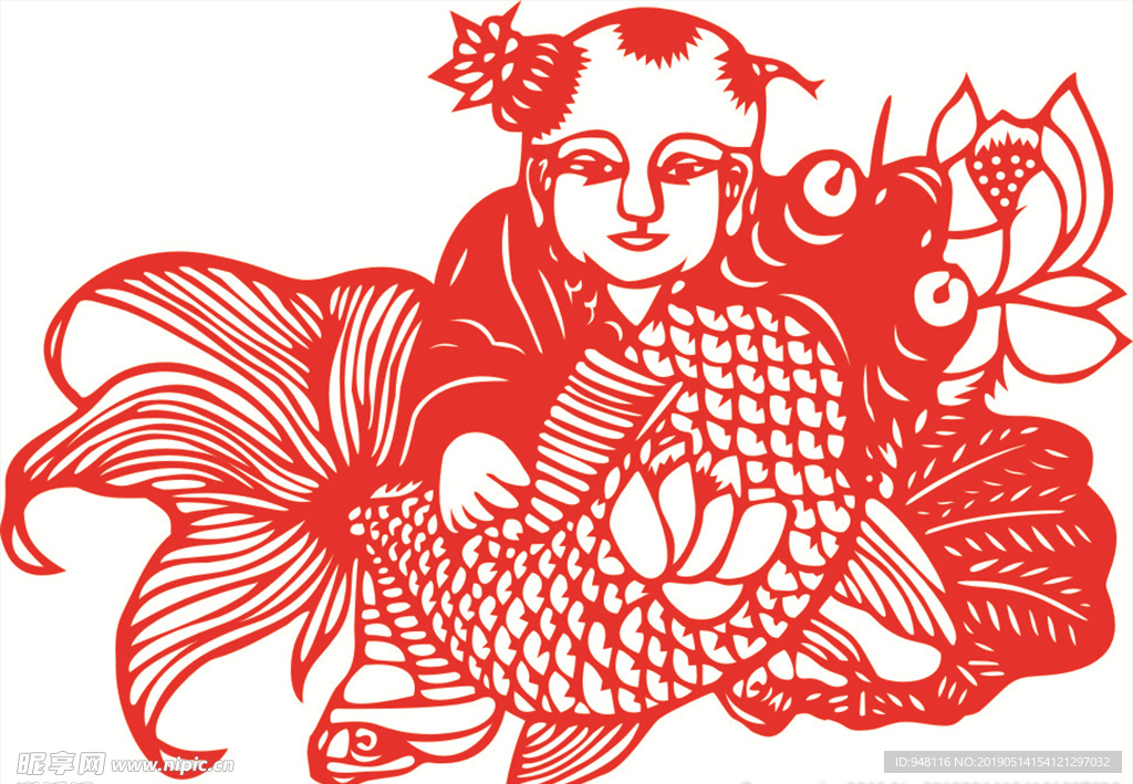 福娃抱鱼图 剪纸 年年有余