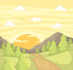 彩绘山区夕阳风景矢量素材