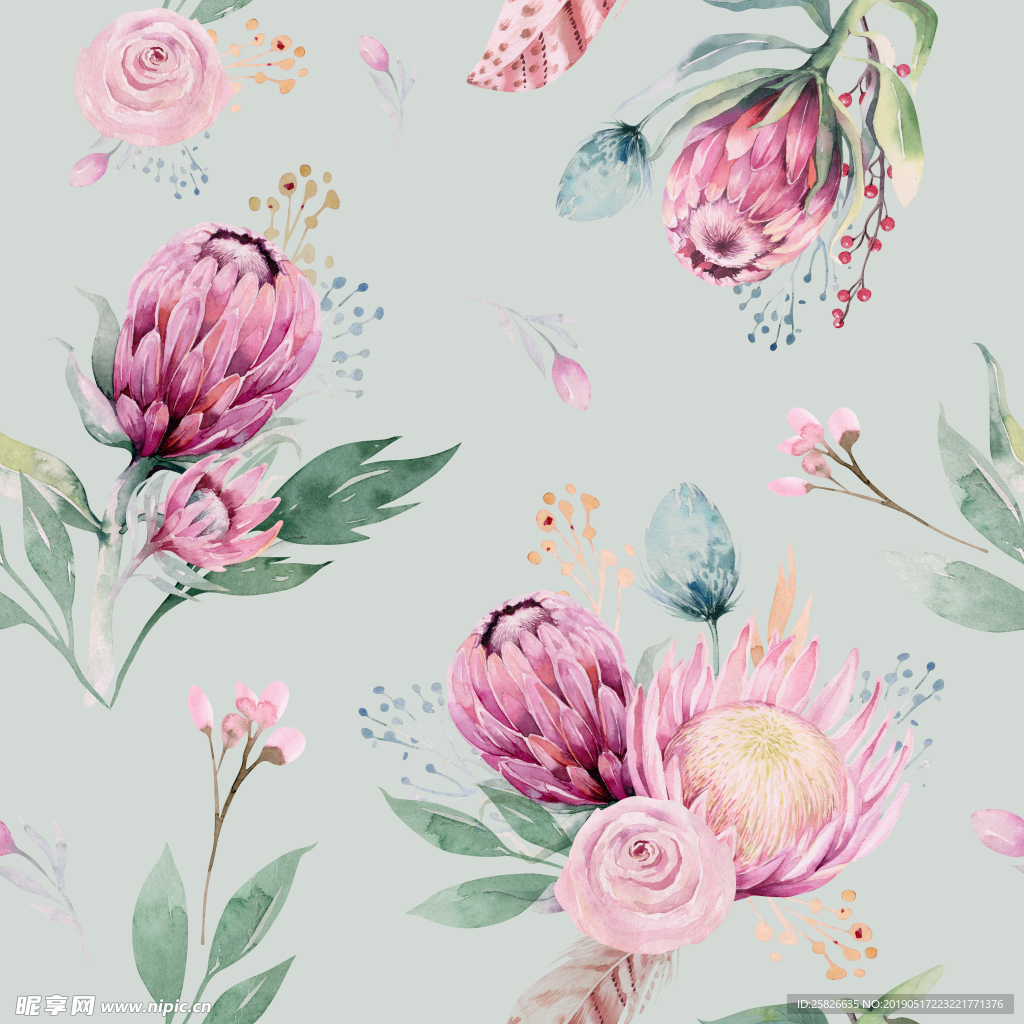 绿叶  粉色 水彩 花朵 花苞
