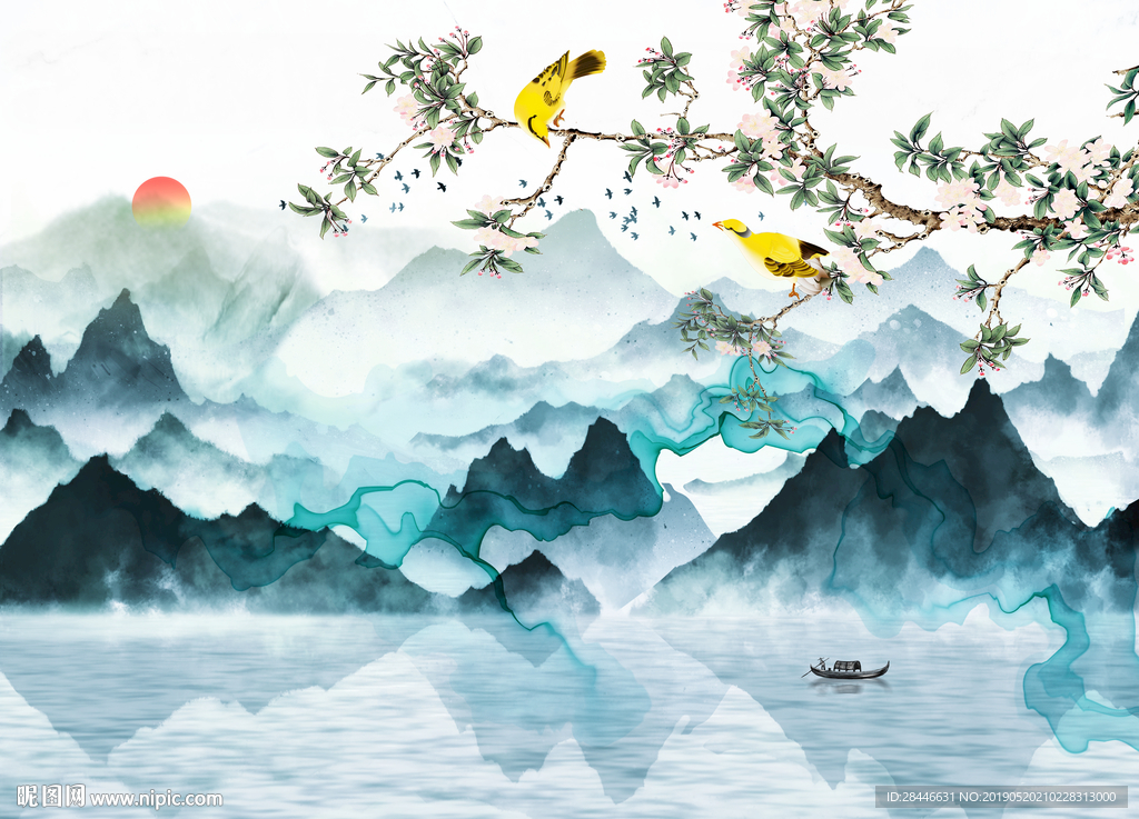 新中式花鸟山水背景墙