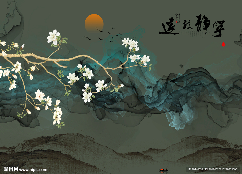 新中式花鸟山水背景墙