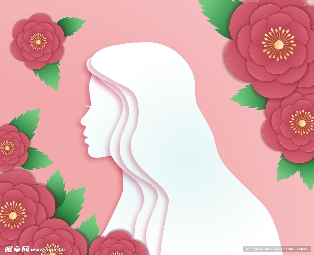 剪纸风格女性头像和花朵素材