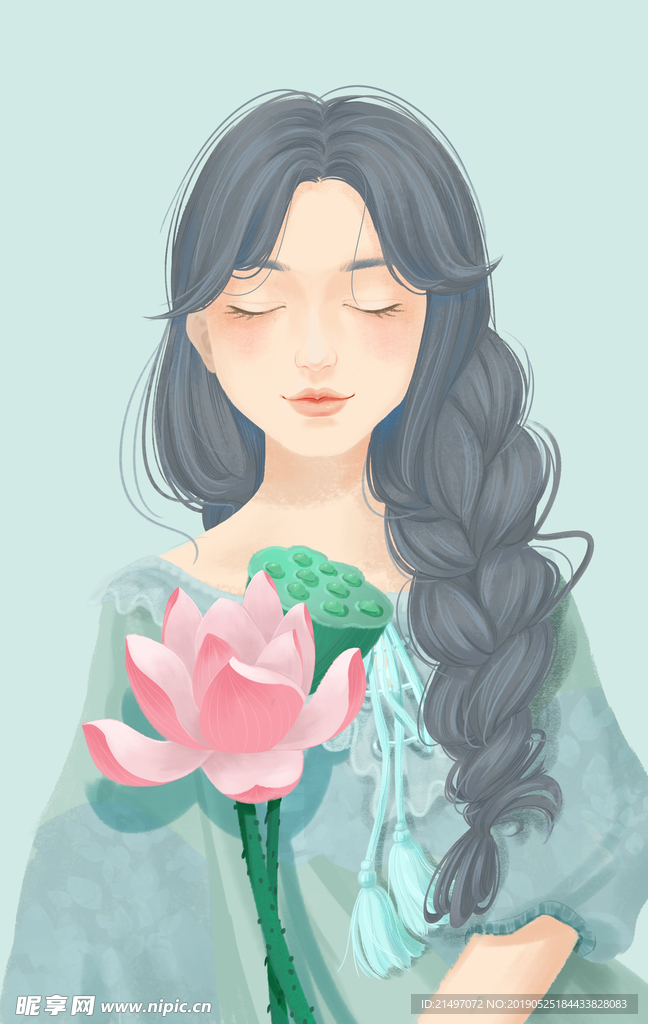 花与少女手绘插画