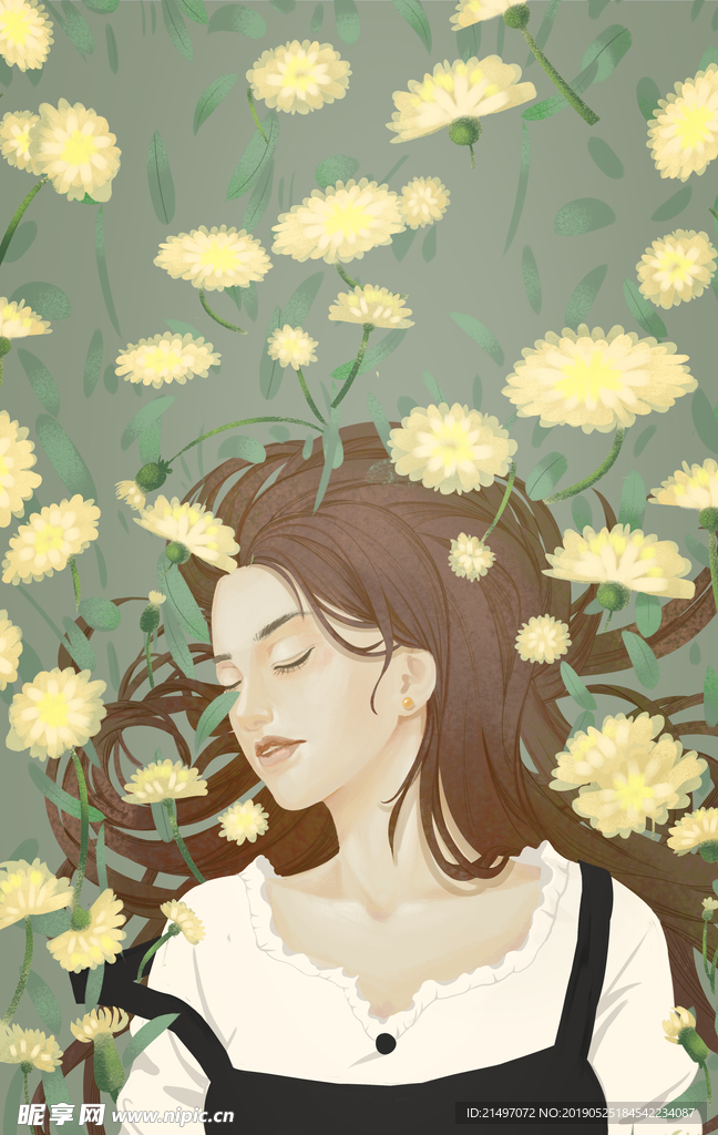 花与少女手绘插画