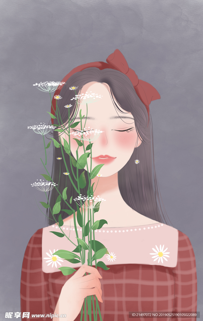 花与少女手绘插画