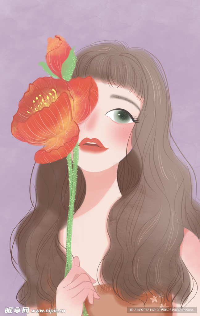 花与少女手绘插画