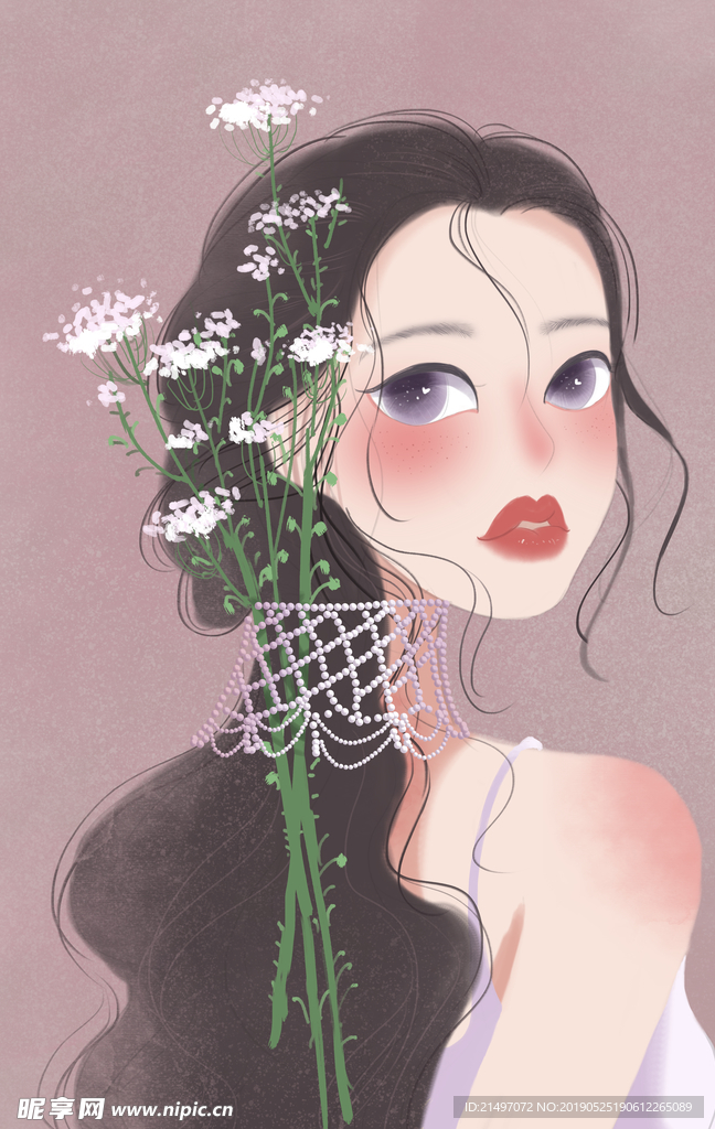 花与少女手绘插画