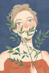 花与少女手绘插画