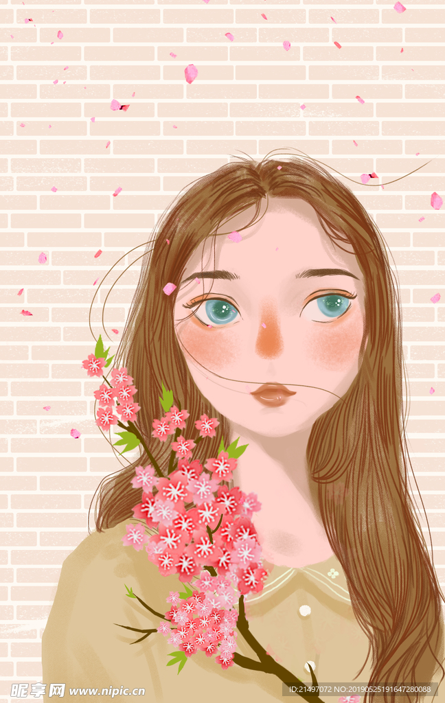 花与少女手绘插画