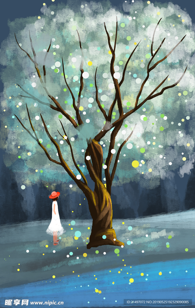 唯美梦幻树木手绘插画