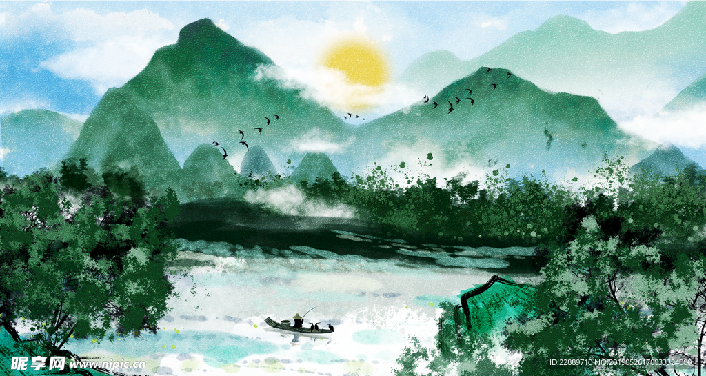 唯美青山绿水中国水墨画