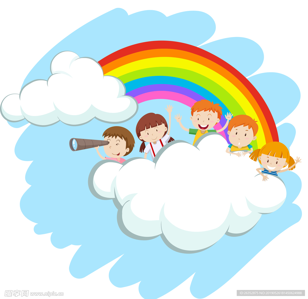 卡通人物快乐的孩子在彩虹上玩耍