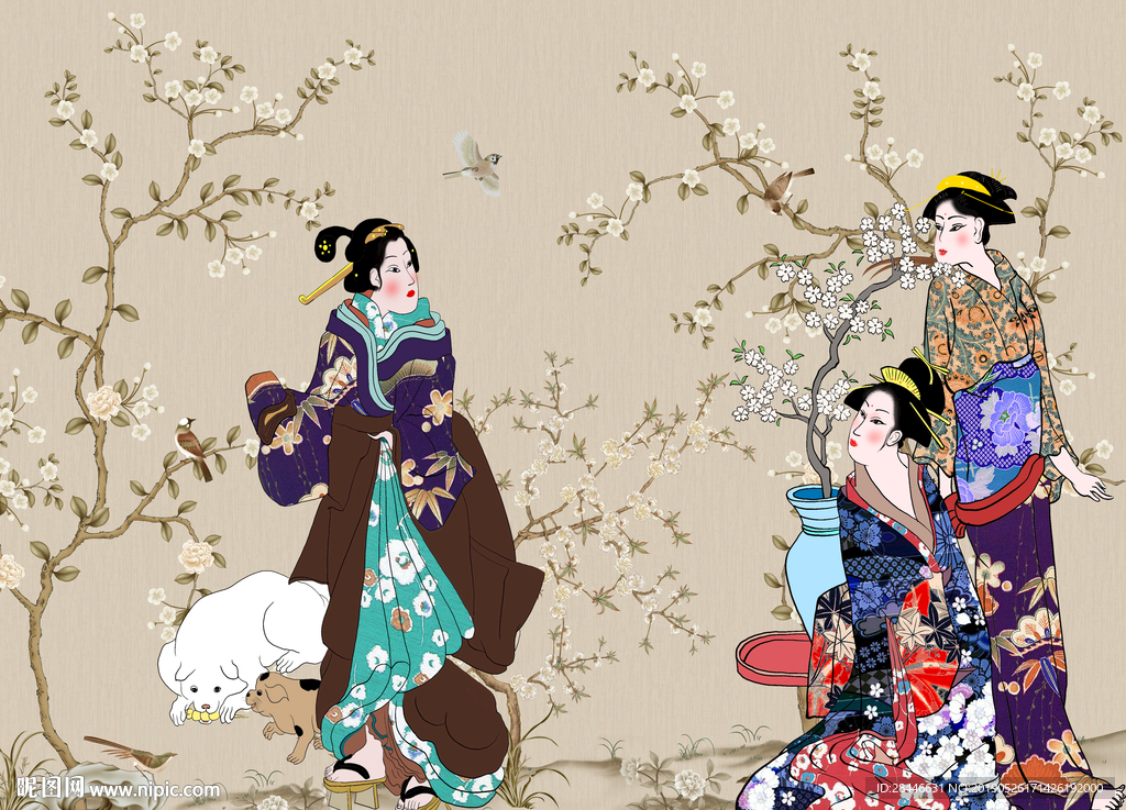 新中式花鸟侍女背景墙