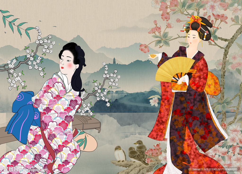 新中式花鸟侍女背景墙