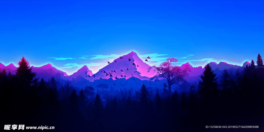 蓝色远山插画