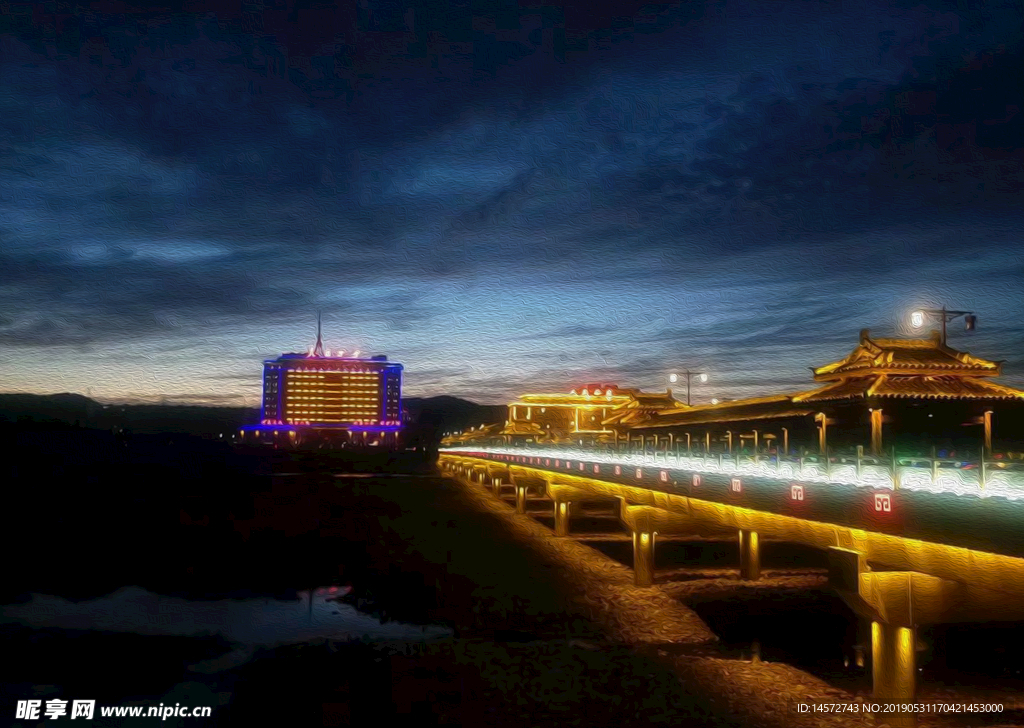 云梦大桥夜景油画照片