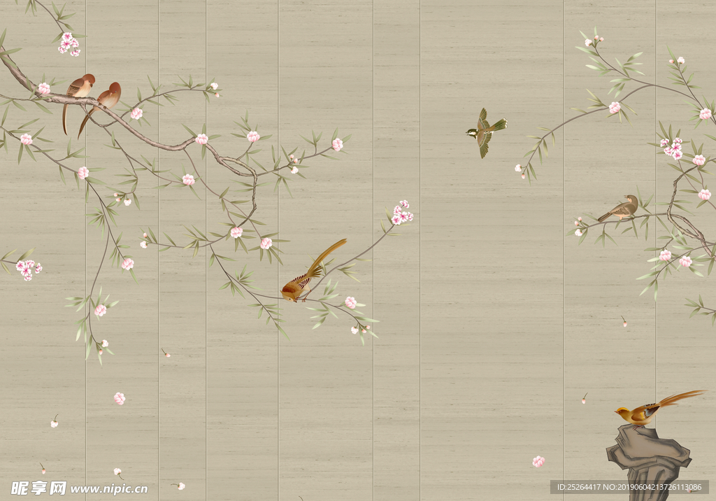 手绘梅花工笔花鸟背景墙