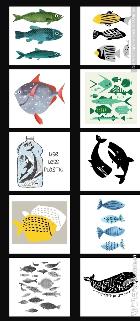 卡通趣味海洋动物鱼类插画图案