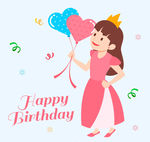 可爱拿气球的女孩生日贺卡矢量图