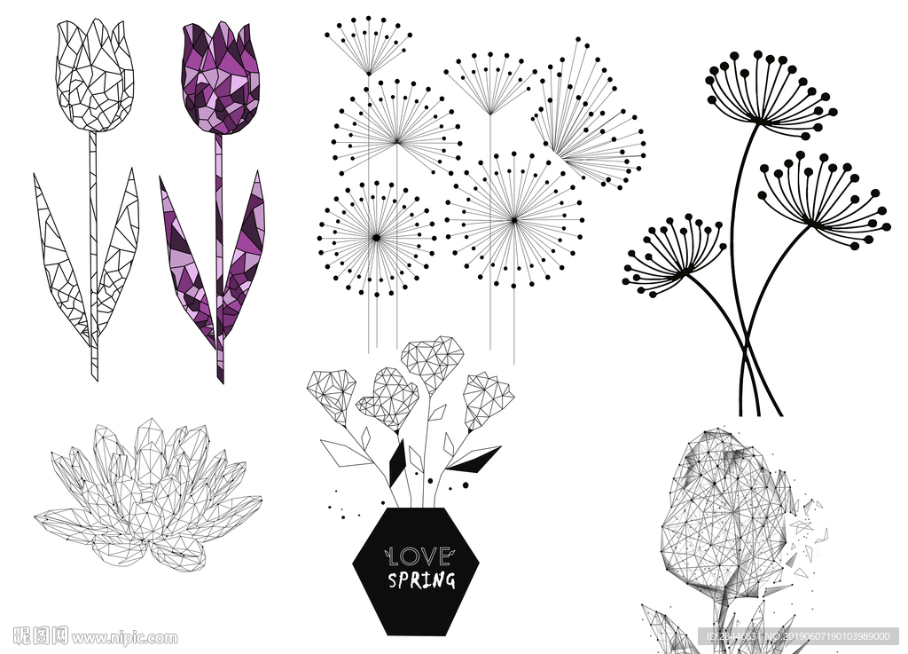 手绘几何线条卡通花朵设计