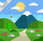 扁平化通往山间的路边风景矢量图