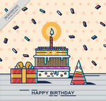 彩绘生日蛋糕和生日礼帽矢量图