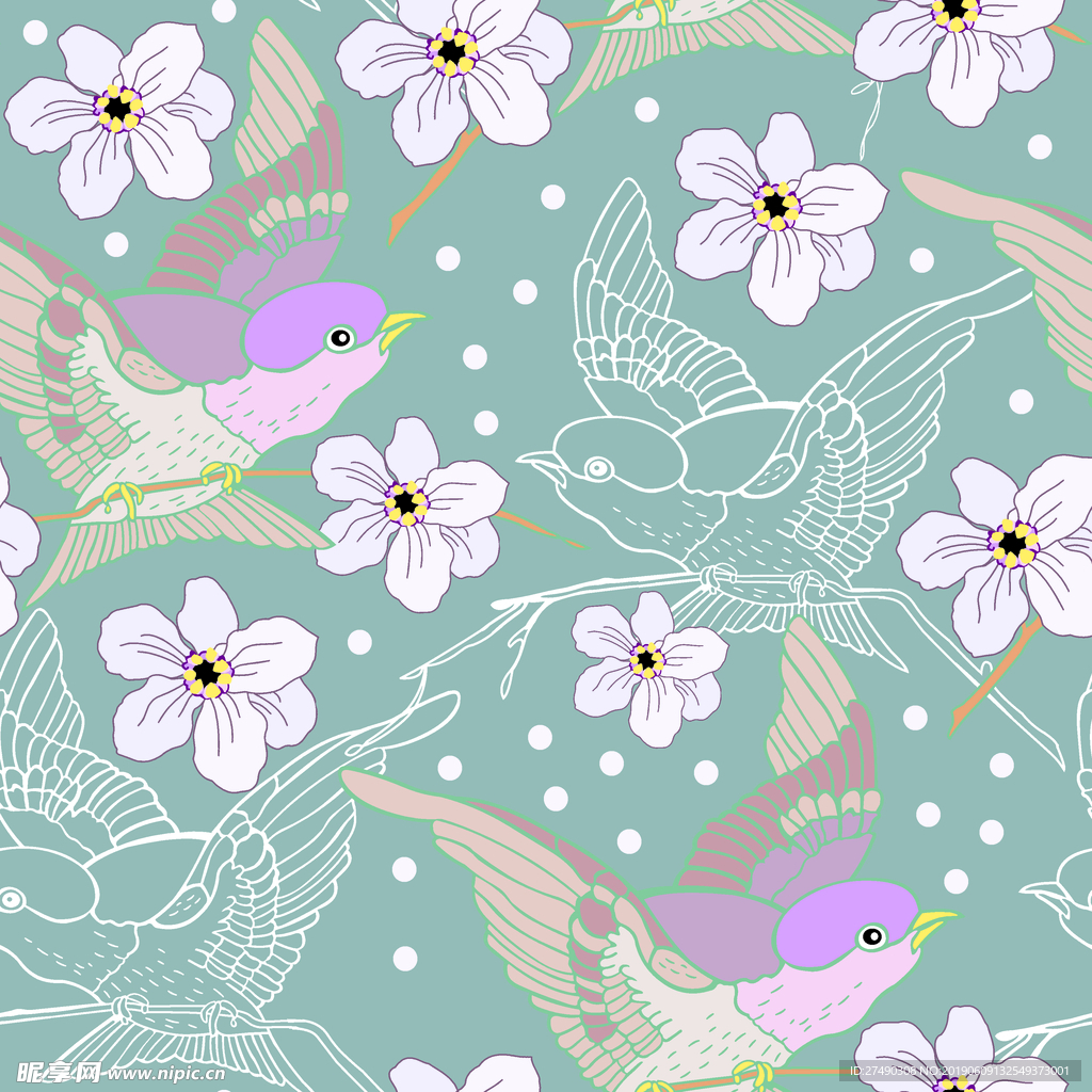 小鸟樱花 线条 小清新 印花