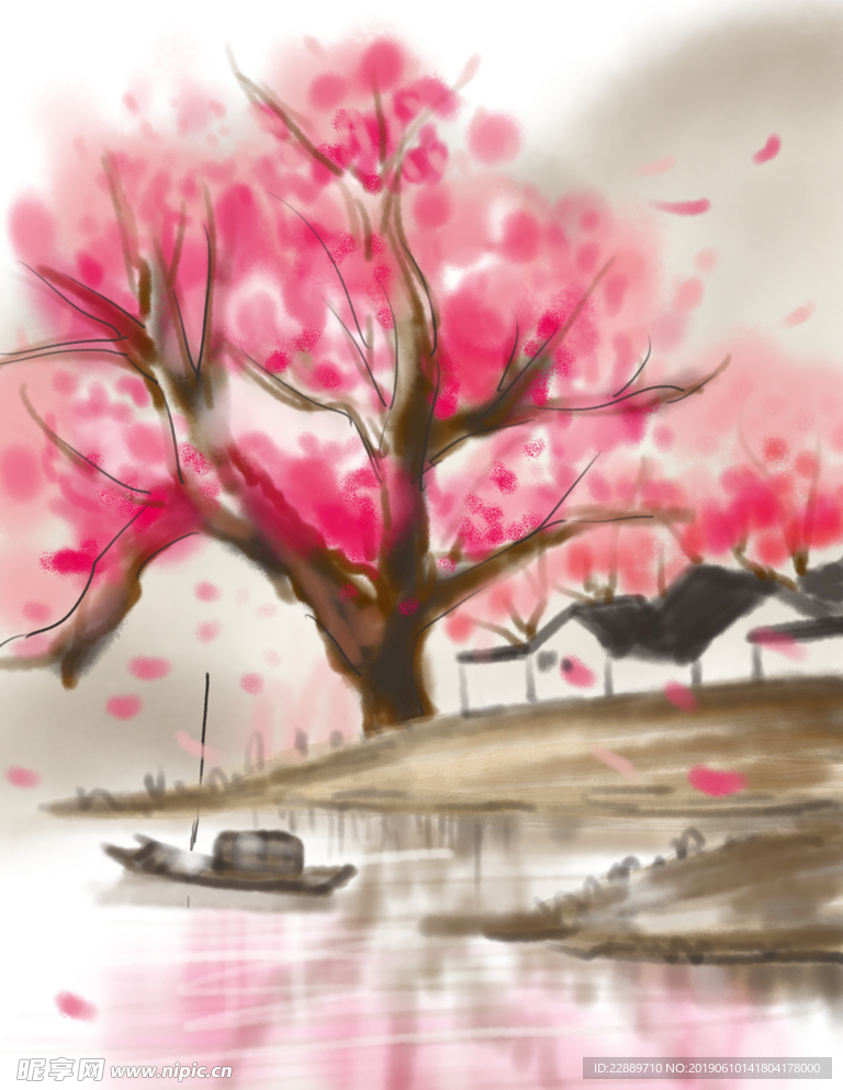 桃花树下水墨画