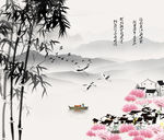 水墨竹林桃花源电视背景墙