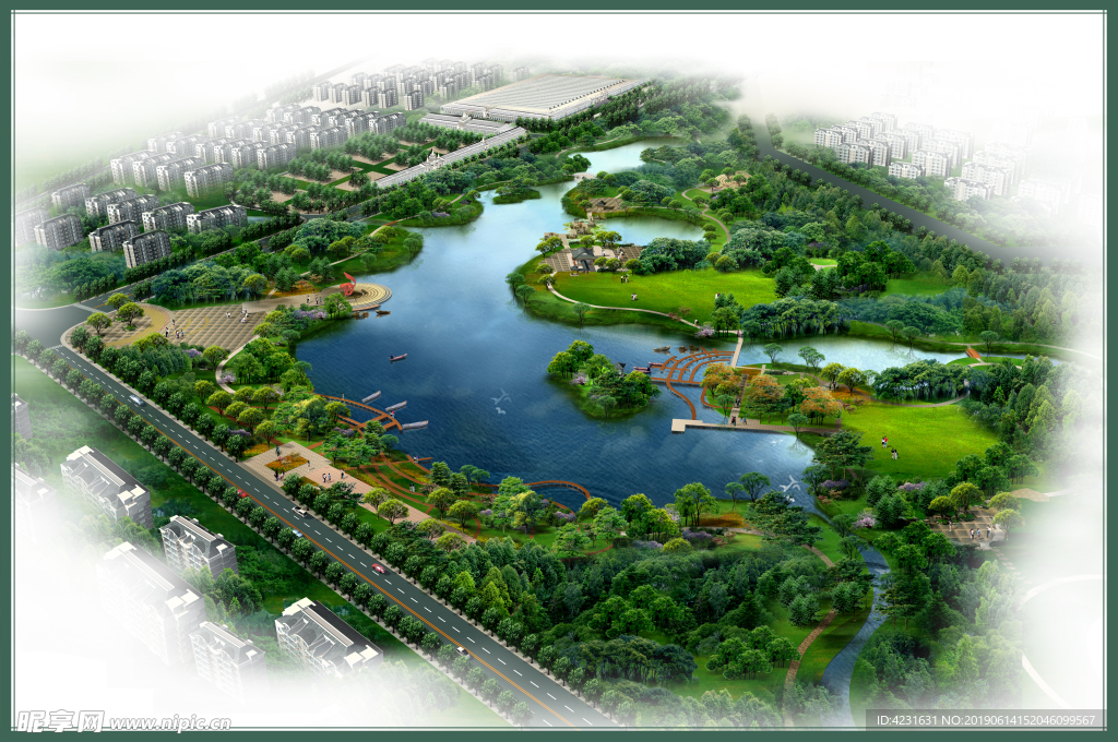 鸟瞰公园景观水面设计