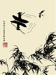 AI矢量水墨竹子燕子小舟画