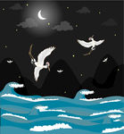海边仙鹤夜景