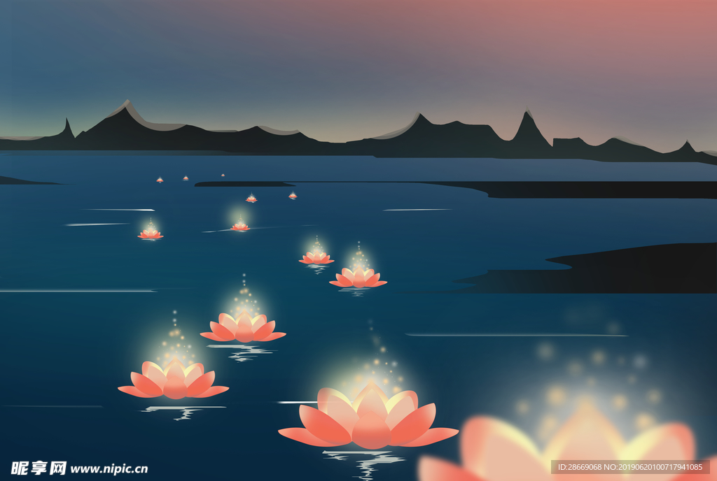 中元节花灯卡通创意场景元素