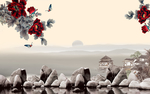 中国风花卉岩石背景设计