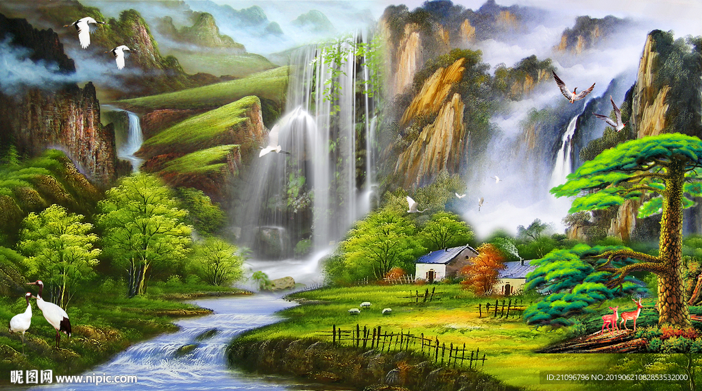 油画山水背景墙