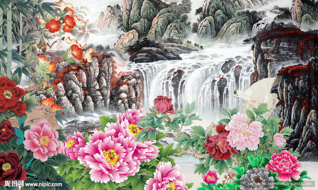 国画牡丹背景墙