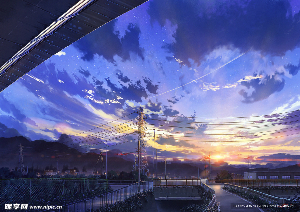 天空晚霞彩色电线杆
