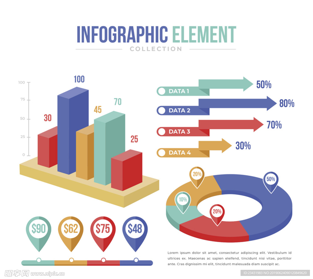 4款彩色扁平化信息图元素矢量图