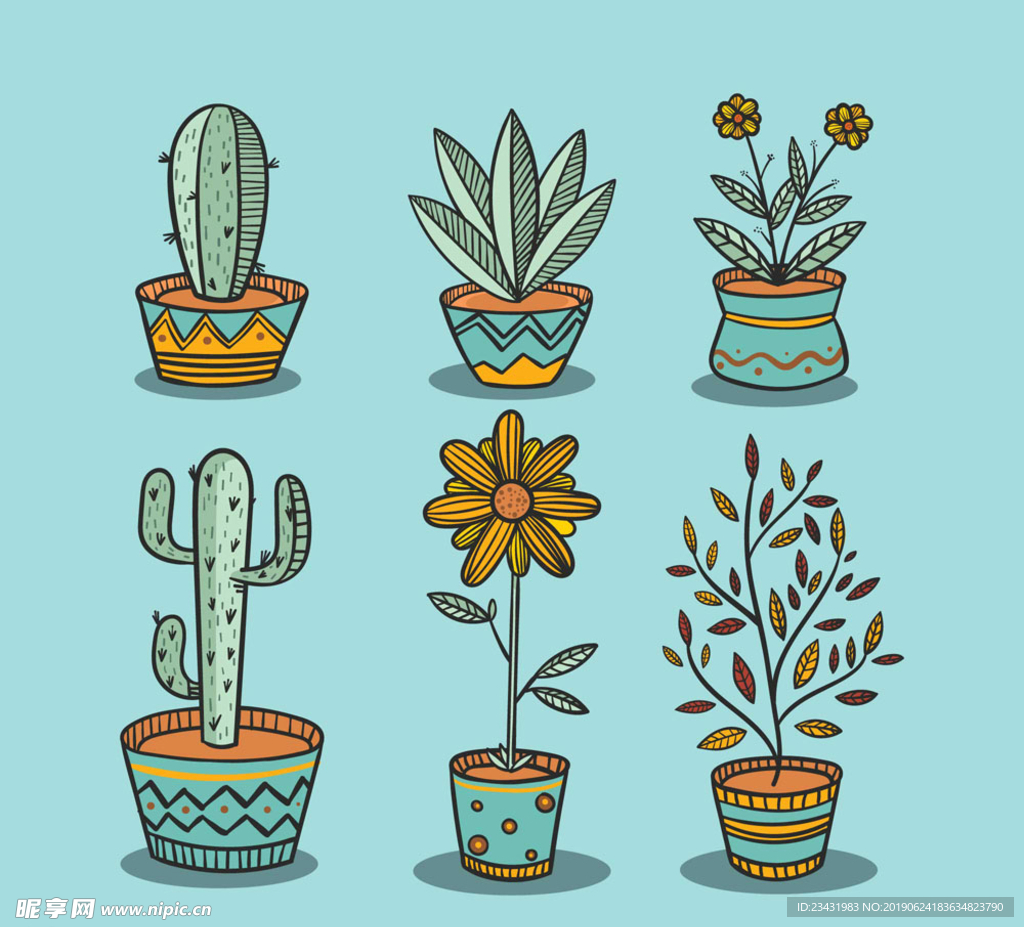 6款彩绘盆栽设计矢量素材