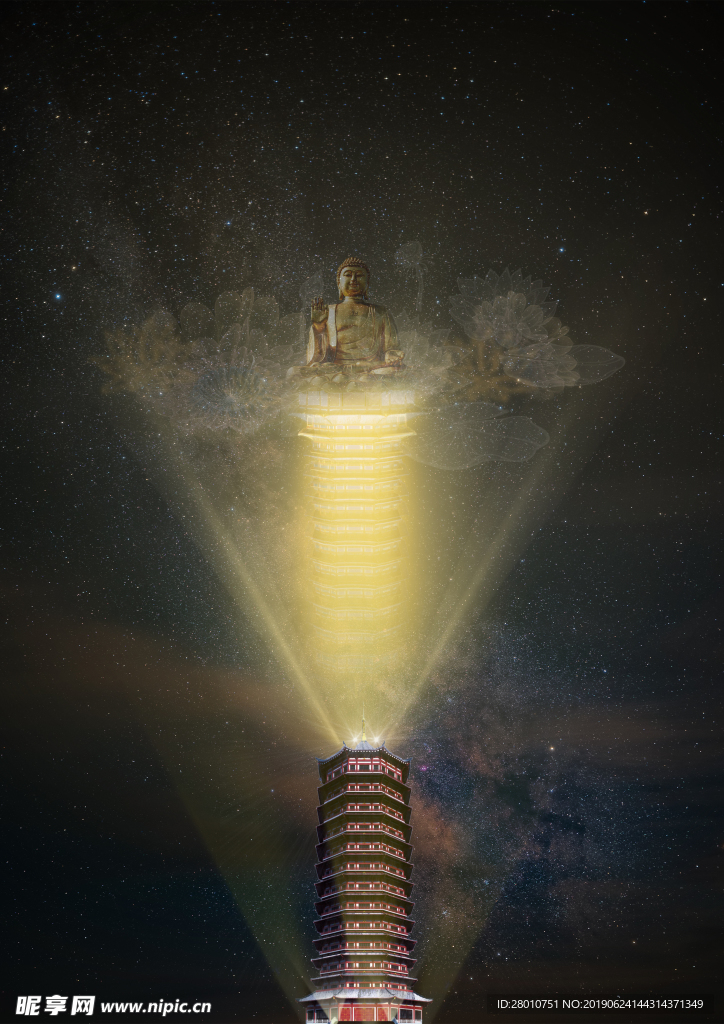 ps合成特效光束古建筑塔夜景图