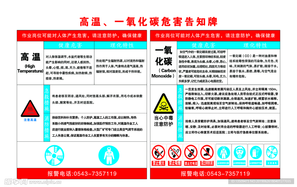 高温 一氧化碳危害告知牌